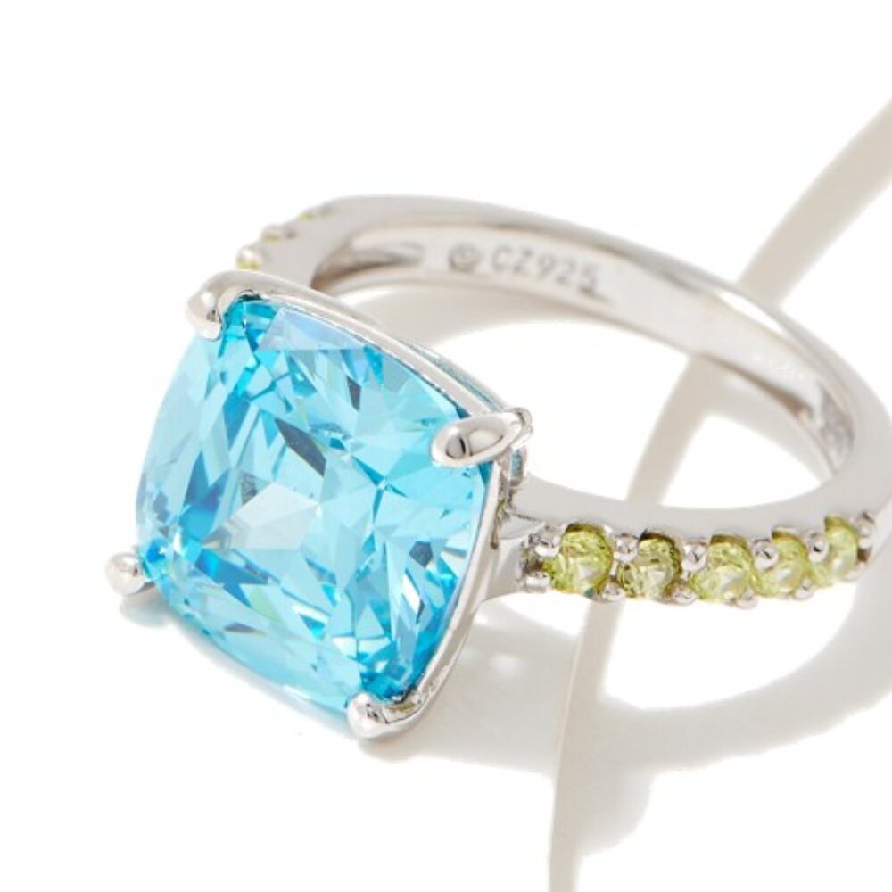 Diamonique Exotic Color Solitaire Ring Sterling Silver /Cushion/Aqua, Size 10